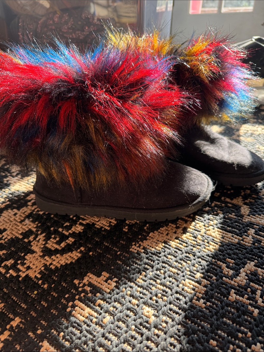 Faux Fur Trim Black Booties with Multicolor Fur